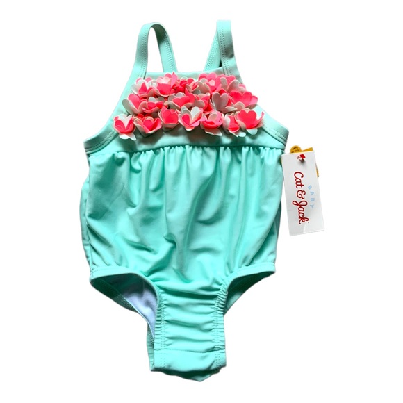 Cat & Jack Swim Nwt Cat Jack One Piece Swimsuit Tealaqua With Pink